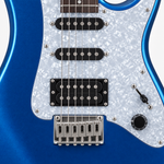Close-up of the Unistar L-G3 S-S-H pickups, strings, bridge and metallic-blue finish.