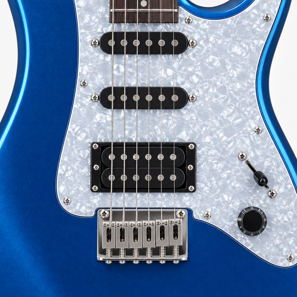 Close-up of the Unistar L-G3 S-S-H pickups, strings, bridge and metallic-blue finish.