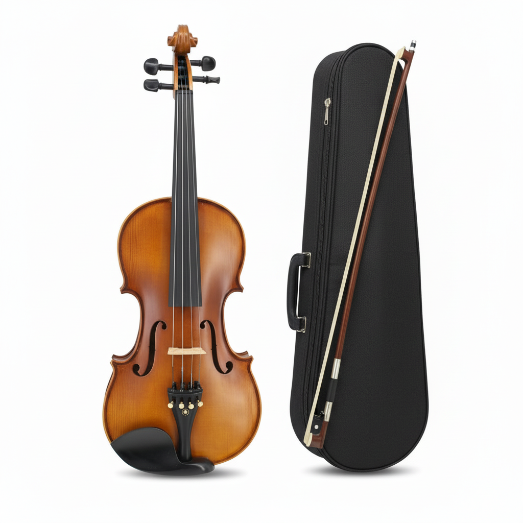 4/4 maple-brown and black violin shown from the front with one matching black rounded violin case in the same reference design and one bow on a white background, with no rosin visible
