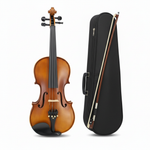 4/4 maple-brown and black violin shown from the front with one matching black rounded violin case in the same reference design and one bow on a white background, with no rosin visible