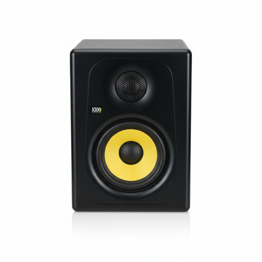 KRK Kreate 5 black powered studio monitor shown from the front with KRK logo, tweeter, and yellow woofer on a white background