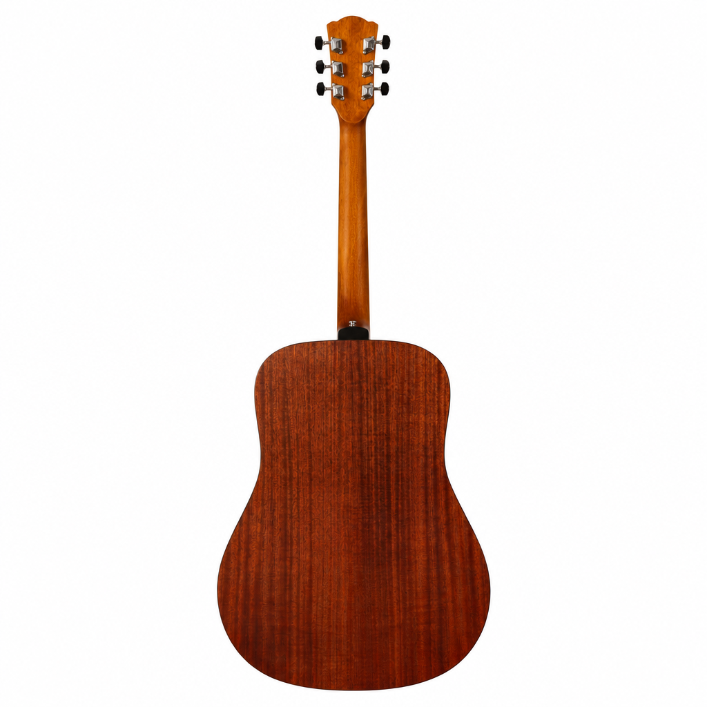 Rear view of the Rockdale Maverick D3 Gloss acoustic guitar showing its mahogany back and sides