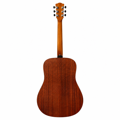 Rear view of the Rockdale Maverick D3 Gloss acoustic guitar showing its mahogany back and sides