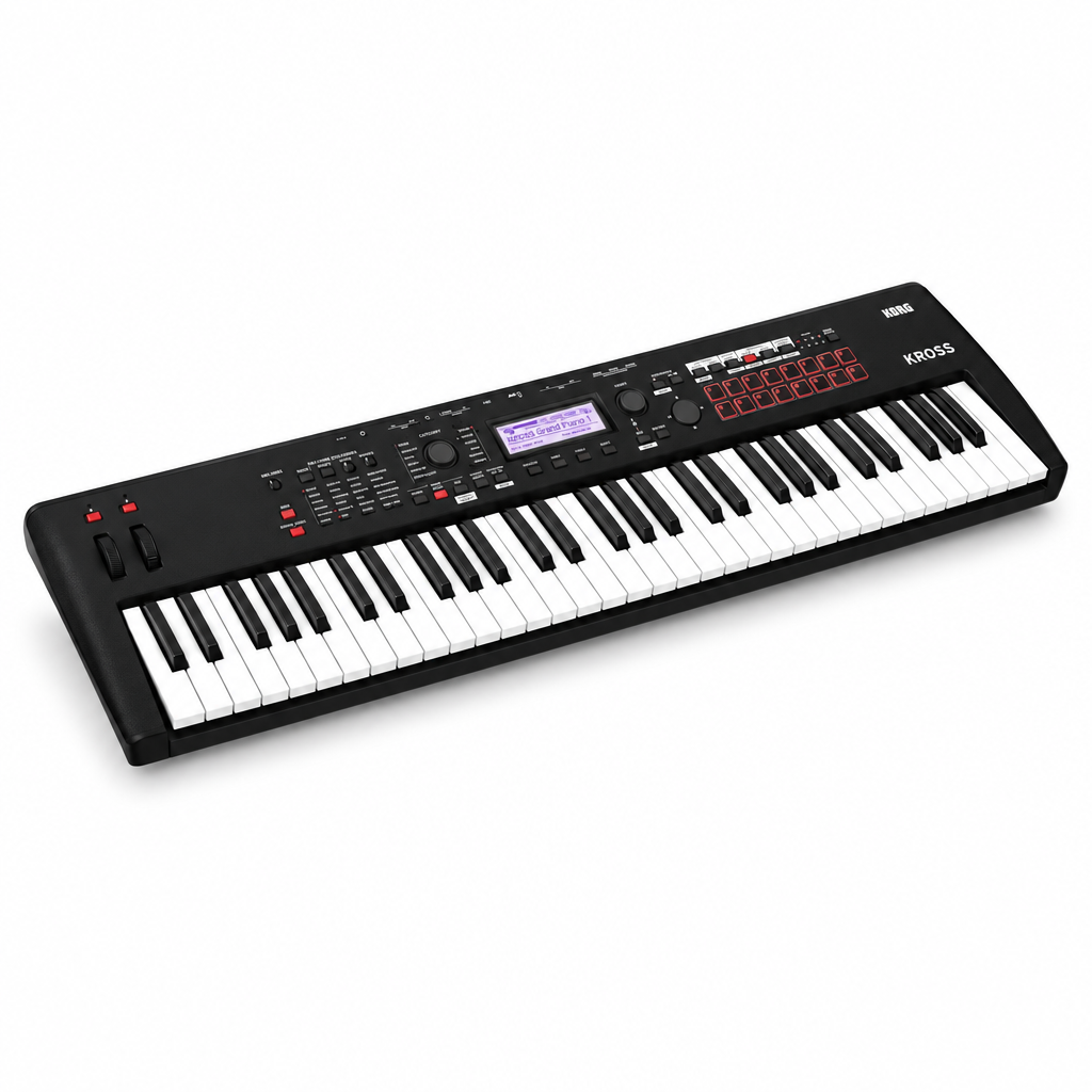 Angled view of the Korg KROSS 2 61-key synthesizer workstation in Super Matte Black.