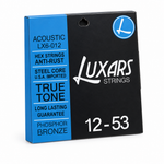 Luxars LX6-012 acoustic guitar strings package, three-quarter angled view showing package thickness and original 12-53 gauge information
