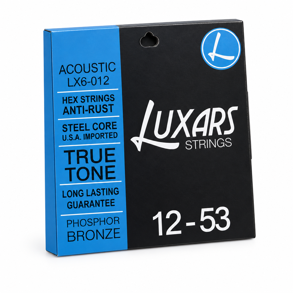 Luxars LX6-012 acoustic guitar strings package, three-quarter angled view showing package thickness and original 12-53 gauge information