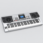Unbranded MK810 electronic keyboard shown from a three-quarter diagonal angle with its white body, black and white keys, and control panel