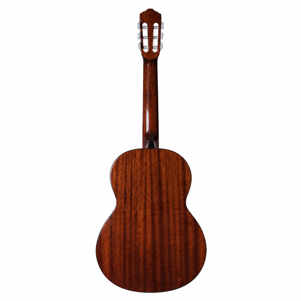 Rear view of the Rockdale Classic C4 classical guitar showing its dark sapele back and sides