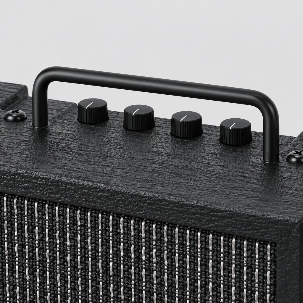Close-up of the Ibanez IBZ10GV2 amplifier top handle and four control knobs.