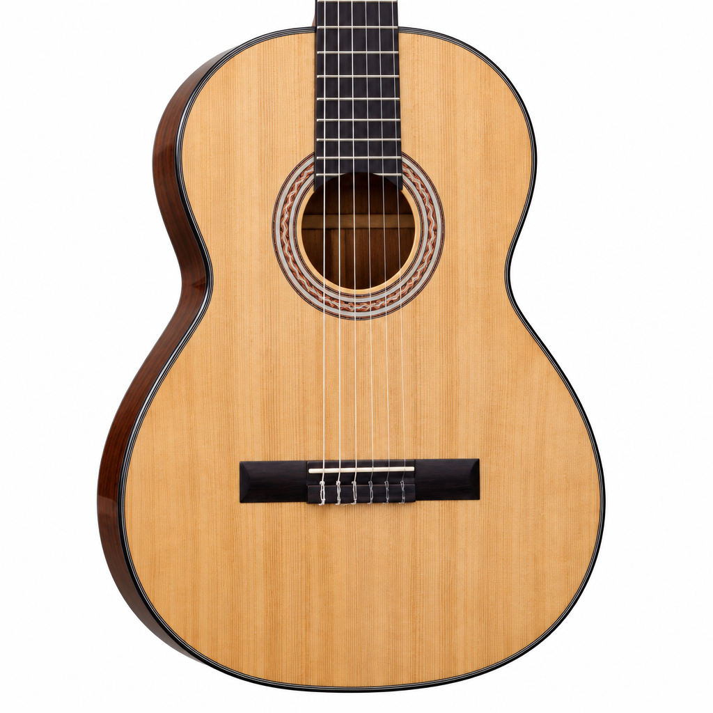 Close-up of the Rockdale Classic C2 spruce top, rosette, sound hole, strings, and bridge