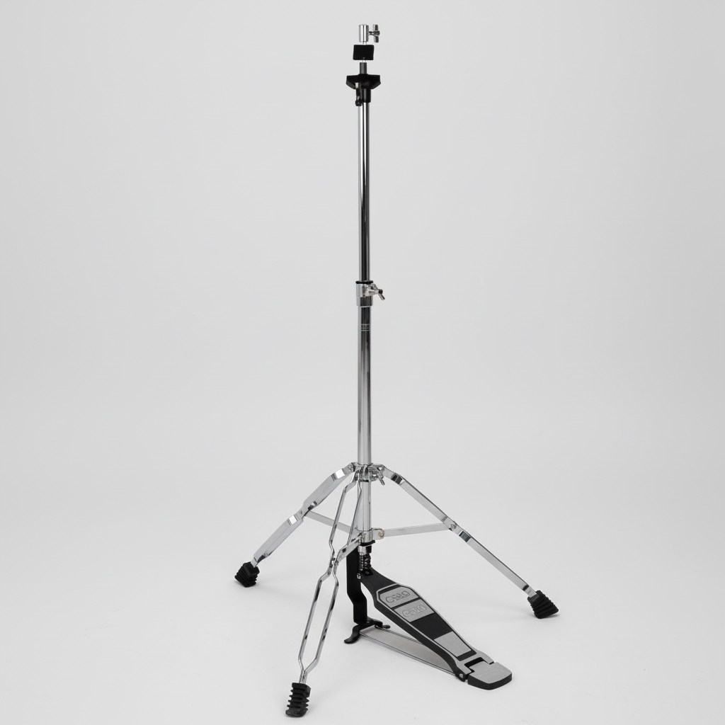 One Cymbal G500 cymbal stand shown in a three-quarter diagonal view with its tripod base, stand hardware, and integrated pedal at the lower end