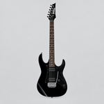 Straight-on full front view of the Ibanez GRX20-BKN GIO electric guitar in Black Night.