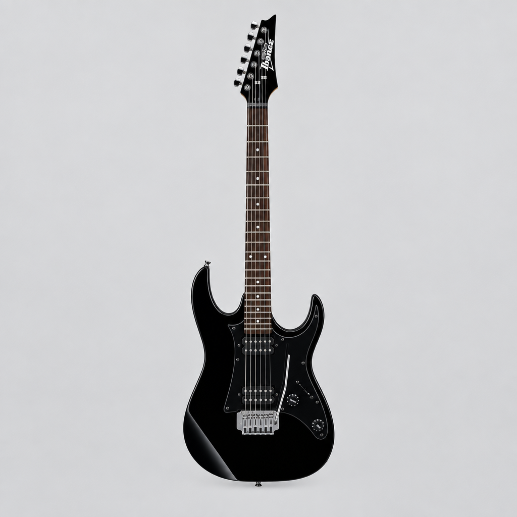 Straight-on full front view of the Ibanez GRX20-BKN GIO electric guitar in Black Night.