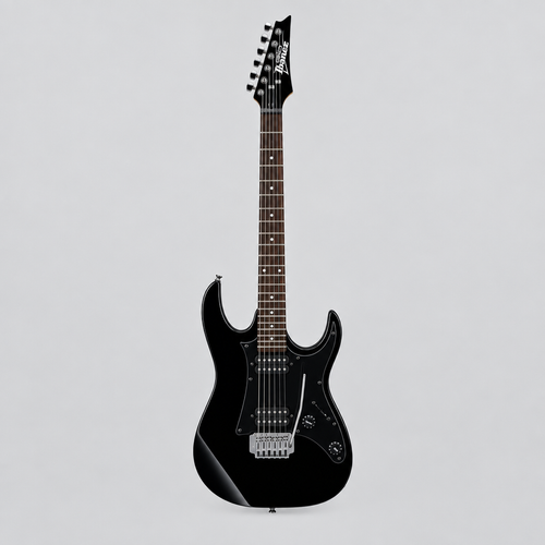 Straight-on full front view of the Ibanez GRX20-BKN GIO electric guitar in Black Night.