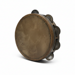Medium wooden riqq shown in a front three-quarter view with drum head and metal jingles on a white background