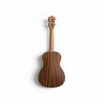 Unbranded 23-inch ukulele with natural wood finish shown upright from the back on a white background