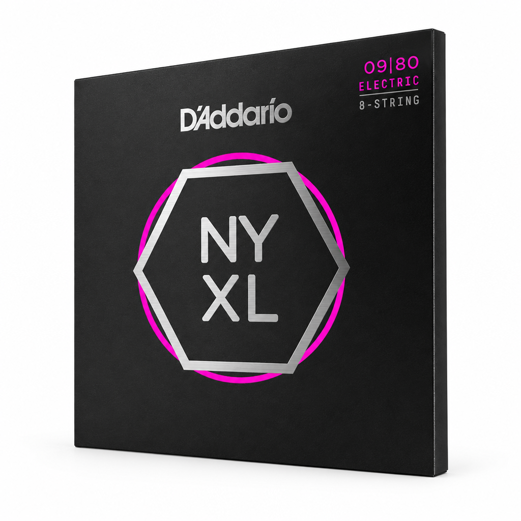 45-degree side view of the D'Addario NYXL0980 8-string electric guitar strings package, 09–80 gauge.