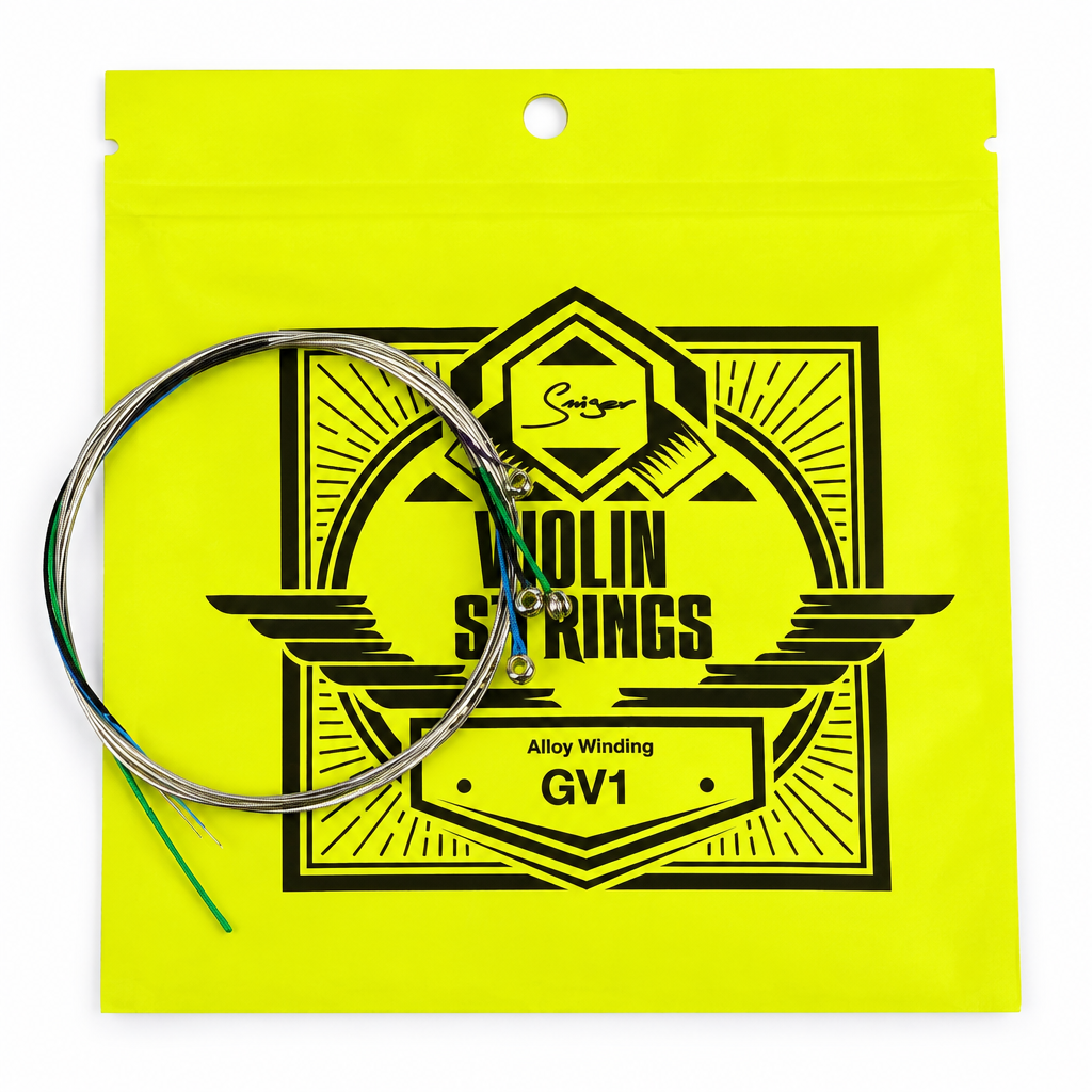 Close-up of the Smiger GV-1 violin strings package showing the original model and alloy winding information