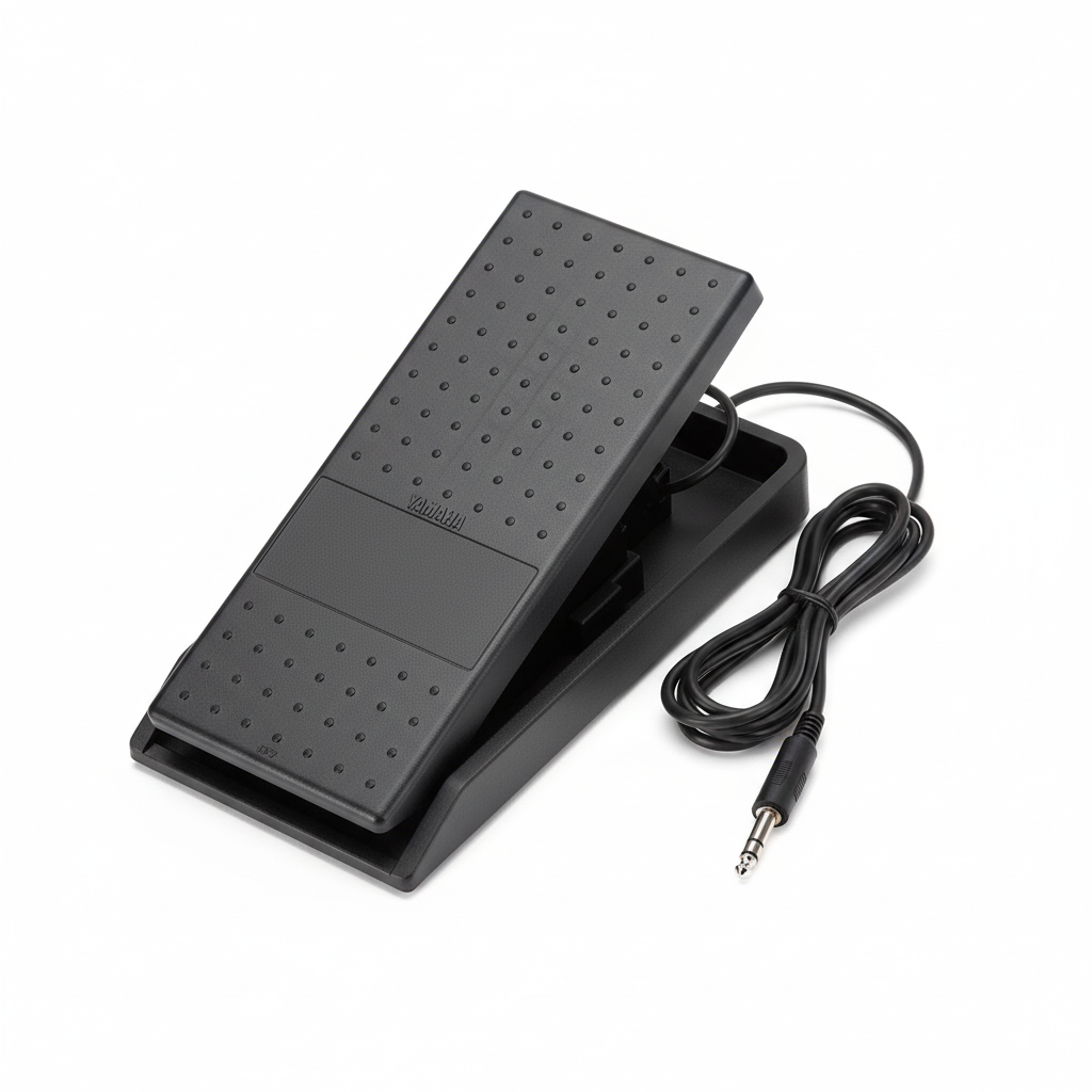 Yamaha FC7 black expression pedal shown from above with textured footplate, Yamaha logo, attached cable, and connector on a white background