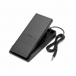 Yamaha FC7 black expression pedal shown from above with textured footplate, Yamaha logo, attached cable, and connector on a white background