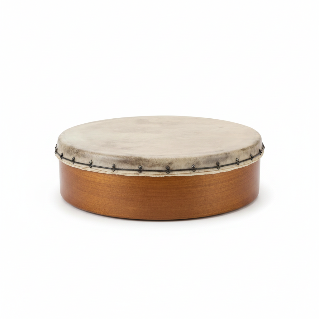 Medium skin drum shown from a side-angled view highlighting the body depth and skin head on a white background