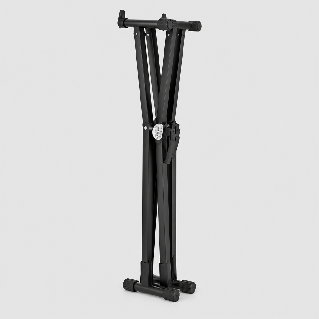 Unbranded QA210 black double-X keyboard stand shown folded into a compact storage position
