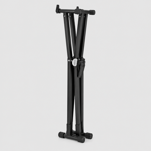 Unbranded QA210 black double-X keyboard stand shown folded into a compact storage position