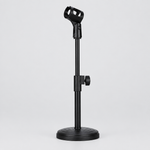 Unbranded ZM-02 mini microphone stand shown from the front with its microphone clip, adjustable support, and stable desktop base