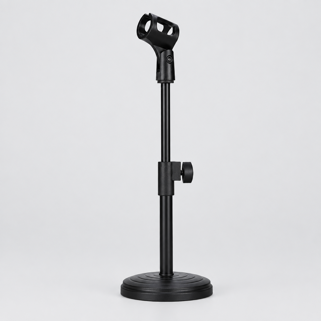 Unbranded ZM-02 mini microphone stand shown from the front with its microphone clip, adjustable support, and stable desktop base
