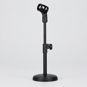 Unbranded ZM-02 mini microphone stand shown from the front with its microphone clip, adjustable support, and stable desktop base