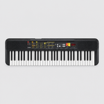Full straight-on front view of the black Yamaha PSR-F52 portable keyboard with its keys, speakers and control panel.