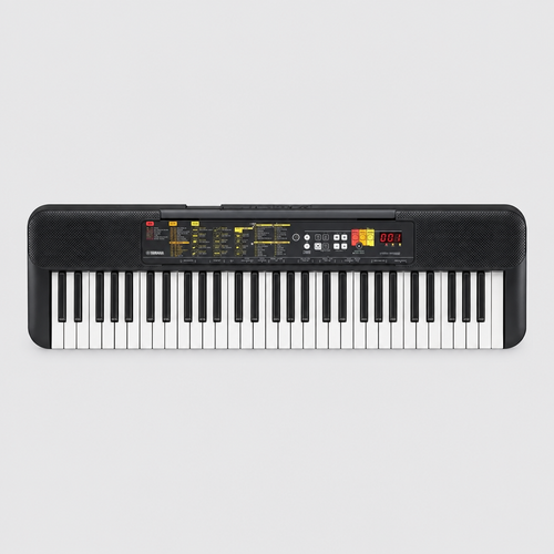 Full straight-on front view of the black Yamaha PSR-F52 portable keyboard with its keys, speakers and control panel.