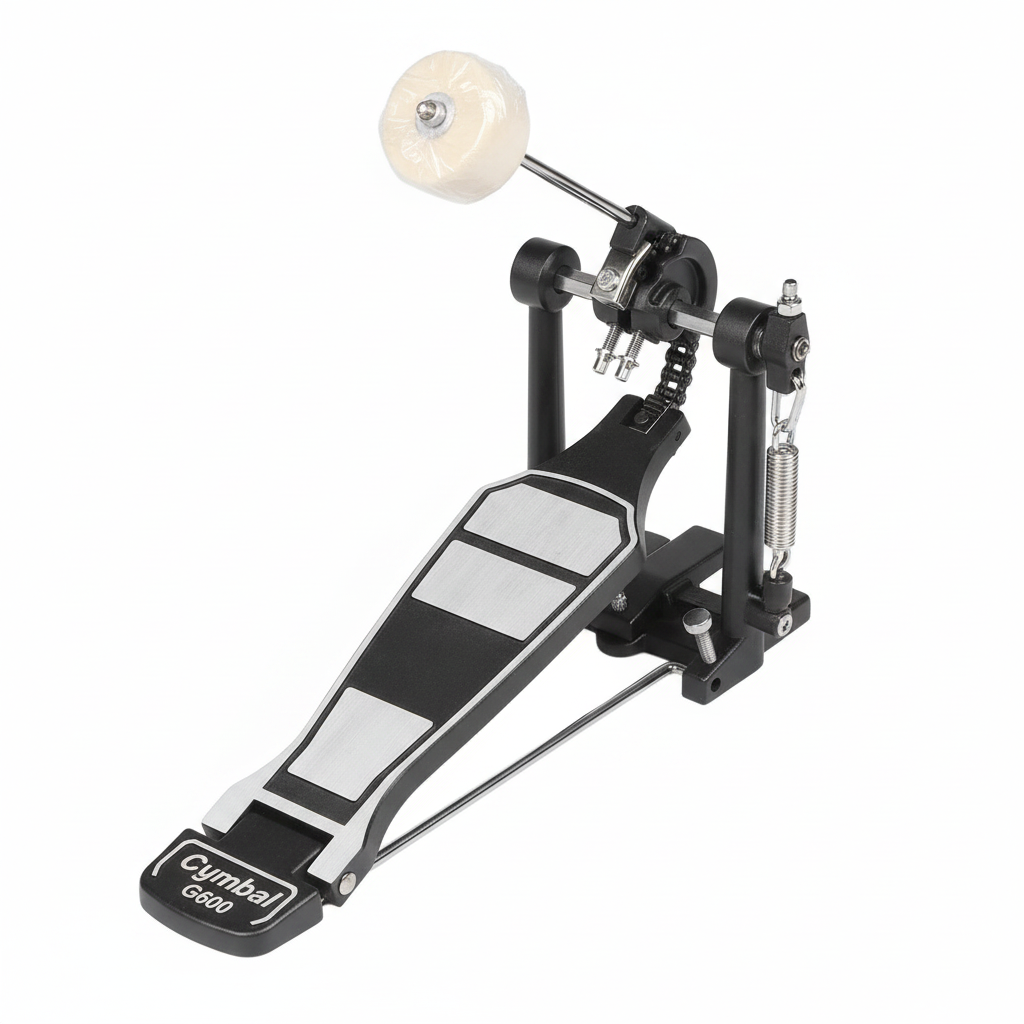 One Cymbal G600 single drum pedal shown in a three-quarter diagonal view with its pedal board, beater, spring, frame, and hardware, without any additional branding