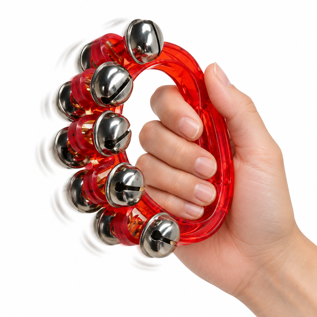 Adult hand inside the red handheld sleigh bell frame while actively shaking it