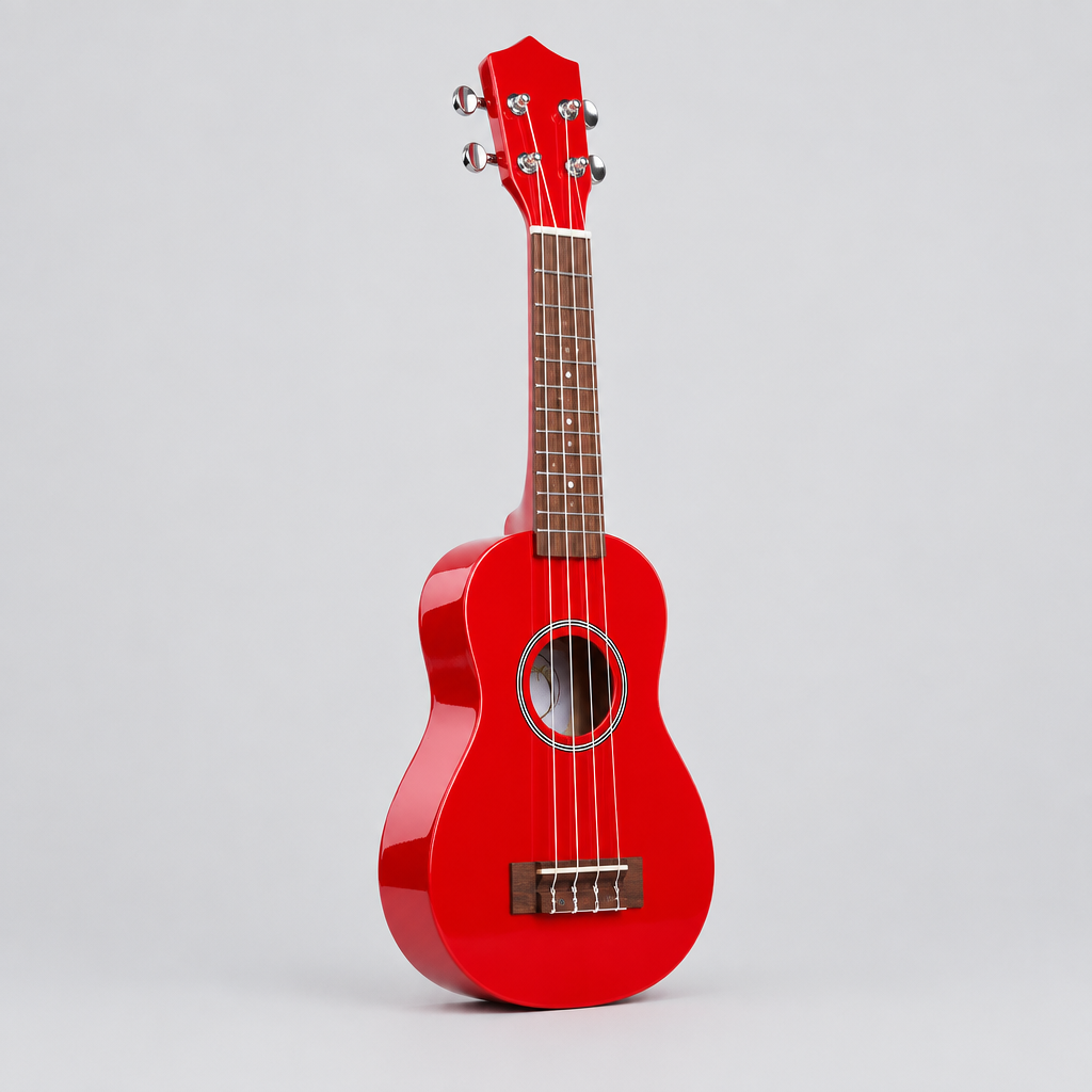 Unbranded GK-10 bright glossy red soprano ukulele shown from a three-quarter angle with its compact body and red finish