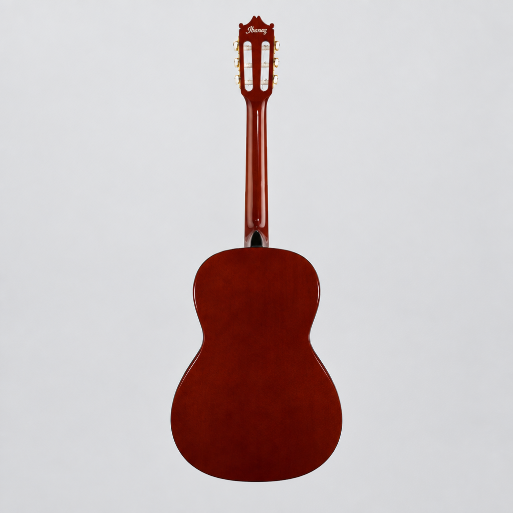 Straight-on full rear view of the natural-finish Ibanez GA3-AM classical guitar.