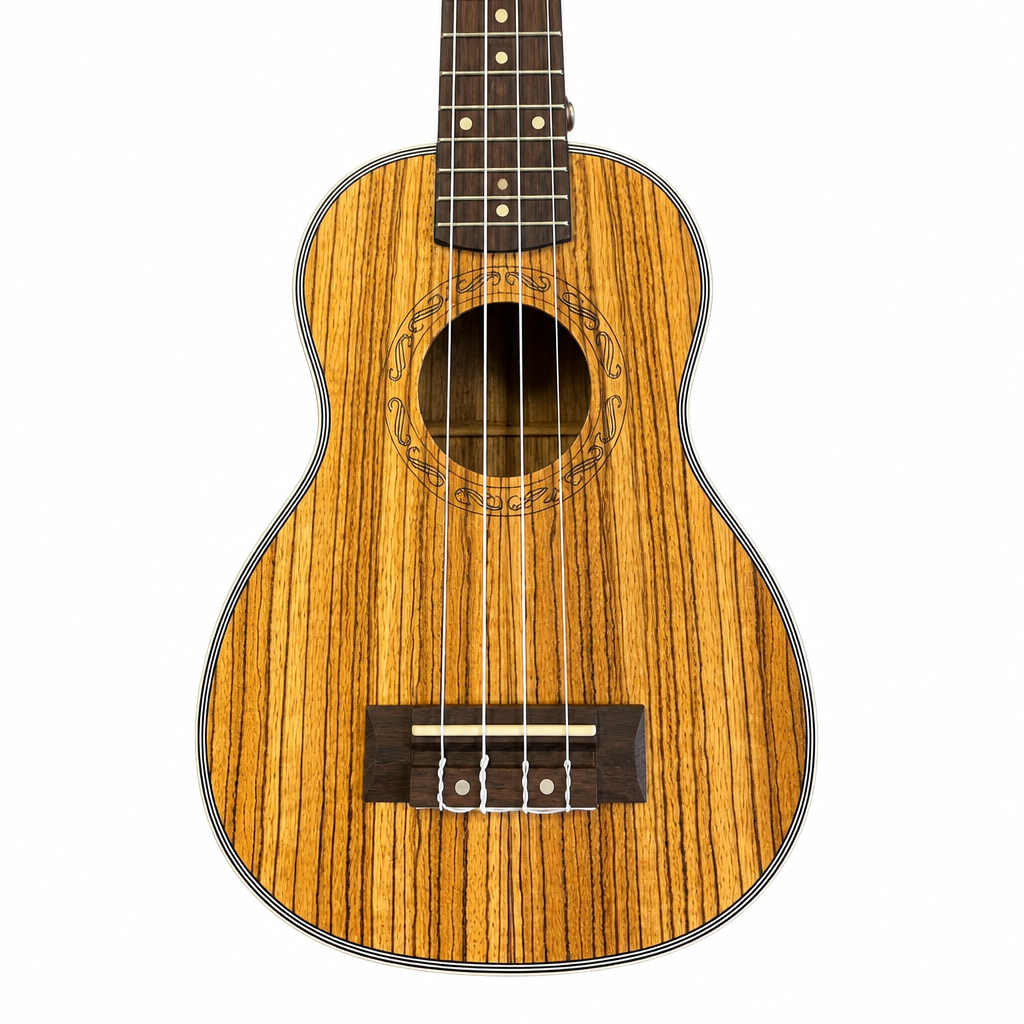 Natural close-up of the Grape GKS-65 21-inch soprano ukulele showing the soundhole, rosette, strings, bridge, and fretboard