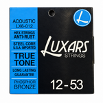 Luxars LX6-012 acoustic guitar strings package close-up showing the original 12-53 gauge and package specifications