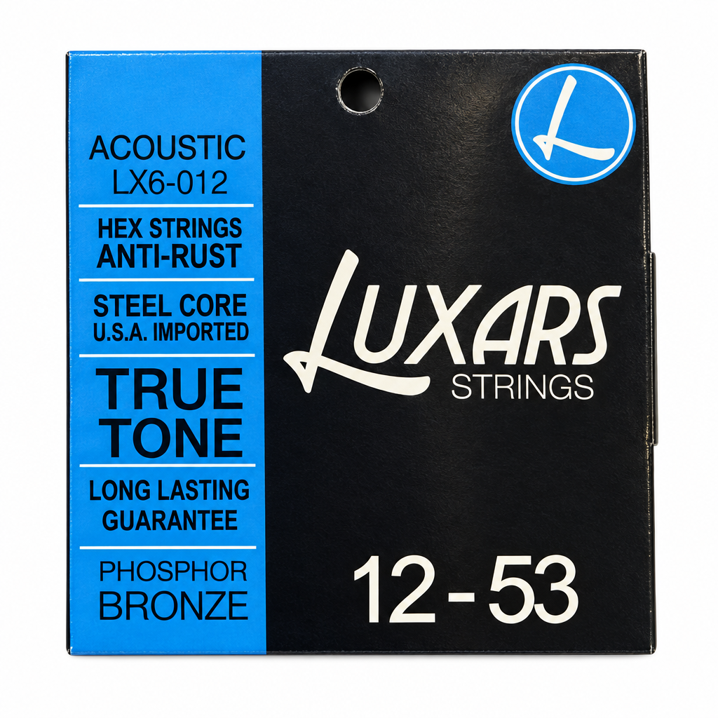 Luxars LX6-012 acoustic guitar strings package close-up showing the original 12-53 gauge and package specifications