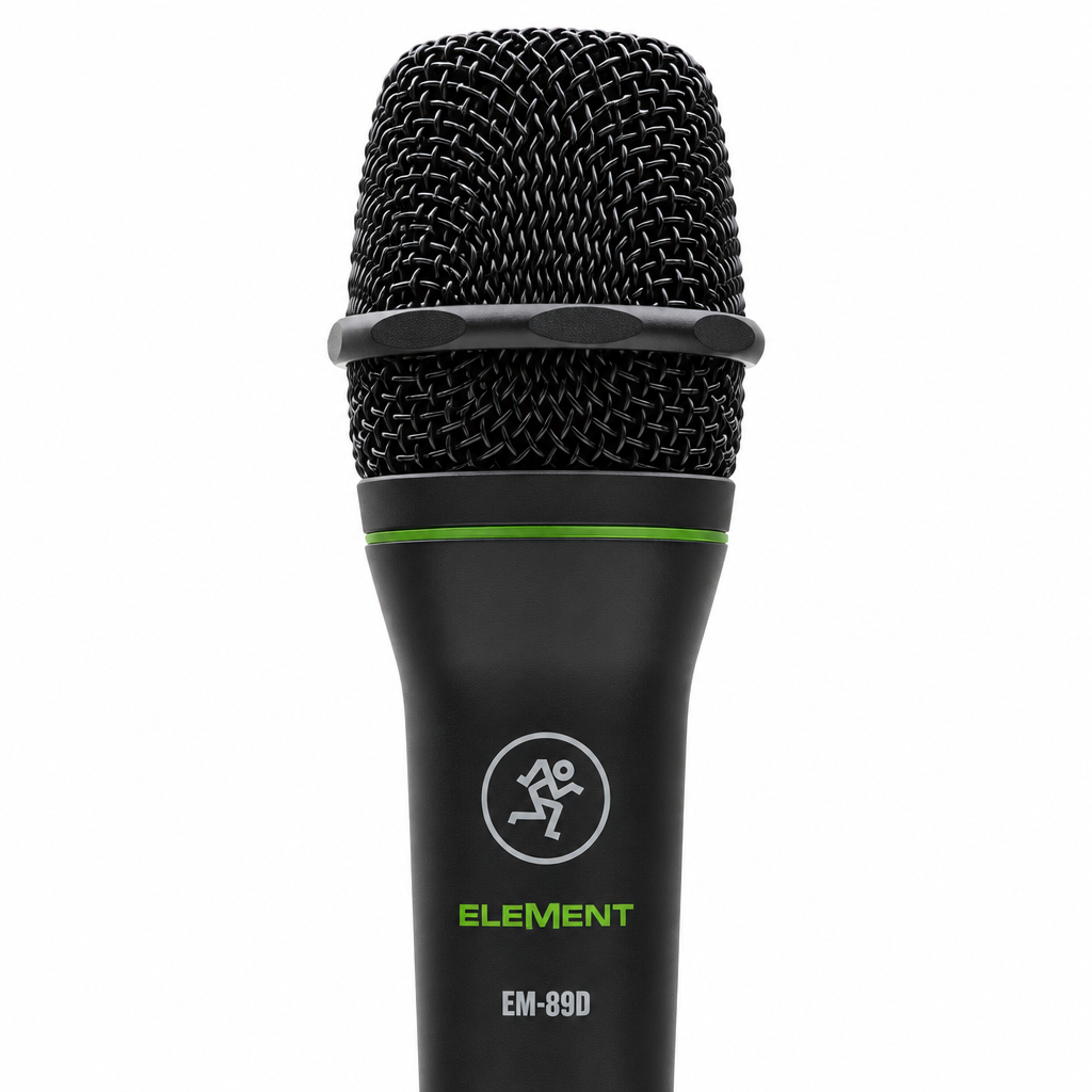 Close-up of the Mackie EM-89D microphone grille and upper body.