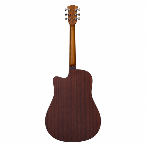 Rear view of the Rockdale Maverick D1 C acoustic guitar showing its sapele back and sides