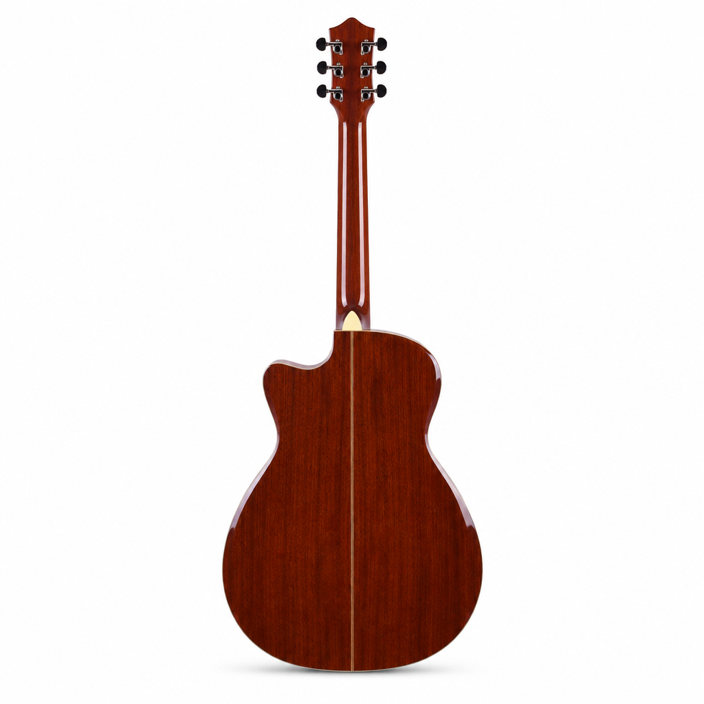 Smiger M-D10S natural acoustic guitar, straight back view showing the original body shape, wood finish, neck, and headstock