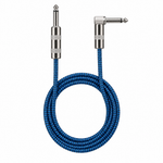 Straight rear view of the Luxars LCB-6B 6-meter blue patterned instrument cable showing its coiled cable jacket and two plugs