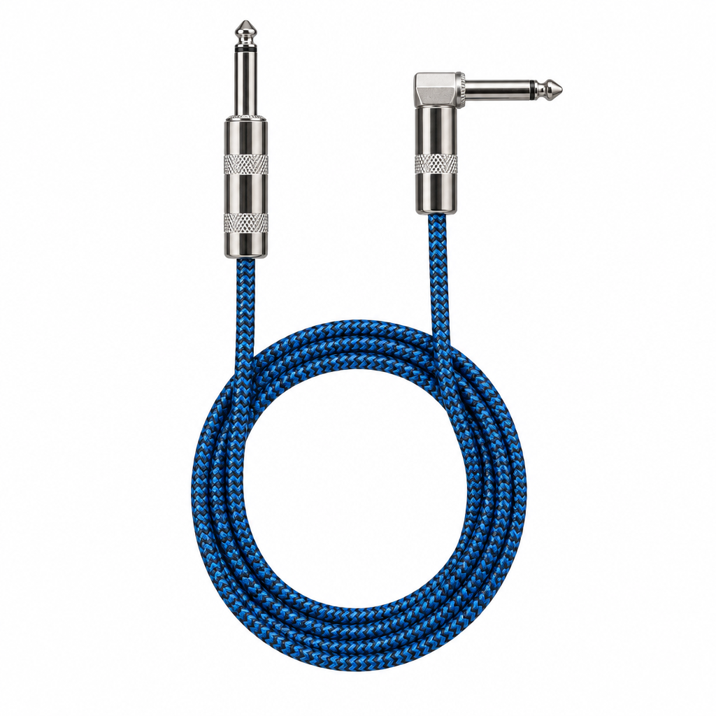 Straight rear view of the Luxars LCB-6B 6-meter blue patterned instrument cable showing its coiled cable jacket and two plugs