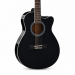 Straight close-up of the Smiger GA-H10-BK black acoustic guitar preserving its original cutaway shape, soundhole, bridge, strings, finish, and visible hardware