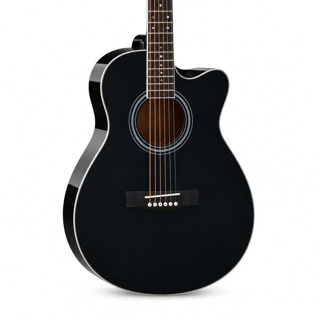 Straight close-up of the Smiger GA-H10-BK black acoustic guitar preserving its original cutaway shape, soundhole, bridge, strings, finish, and visible hardware