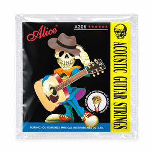 Straight-on front view of the Alice A206 acoustic guitar strings package inside a clear sealed pouch