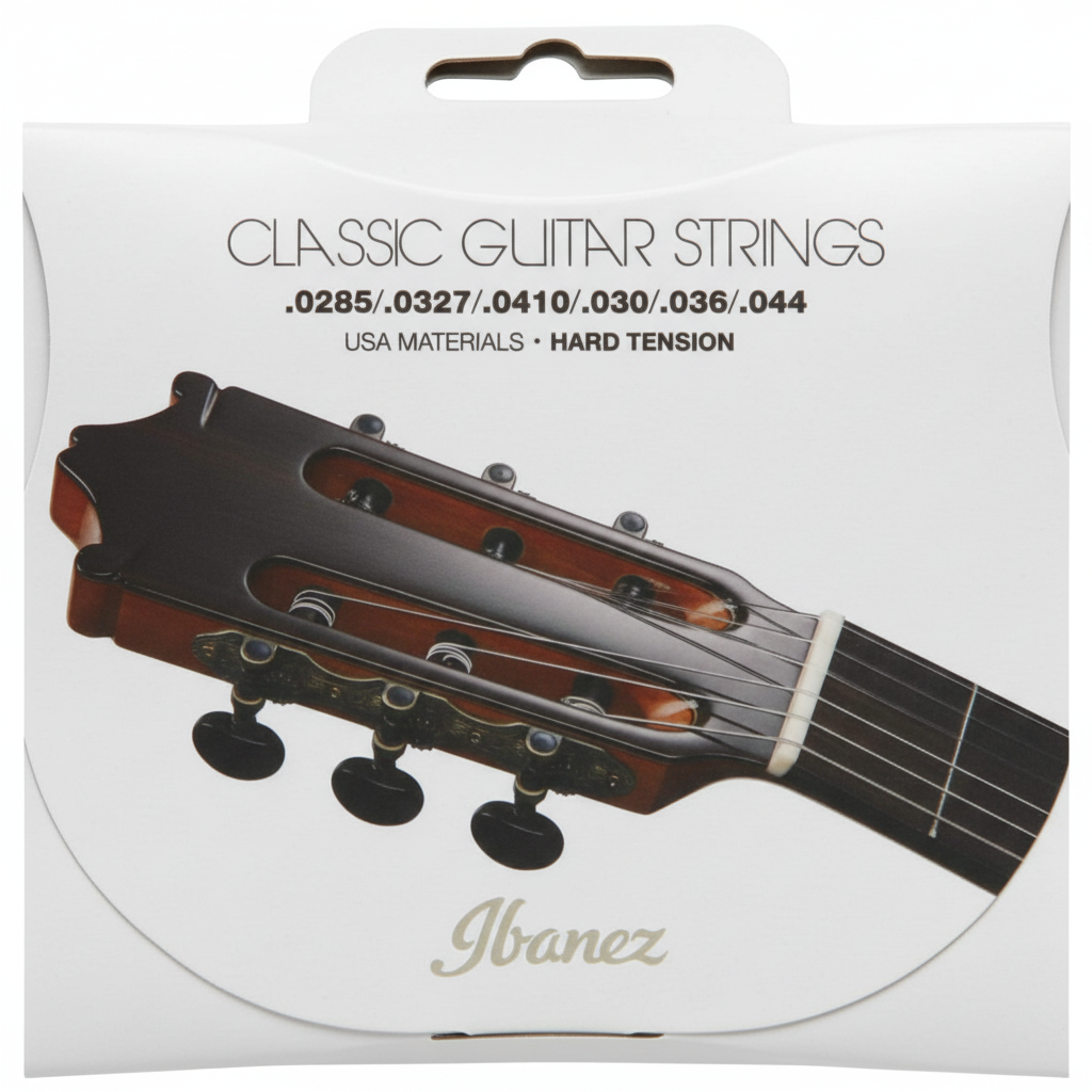 Ibanez ICLS6HT classical guitar strings package shown straight-on with Hard Tension, USA materials, listed gauges, and original printed details preserved on a clean white background