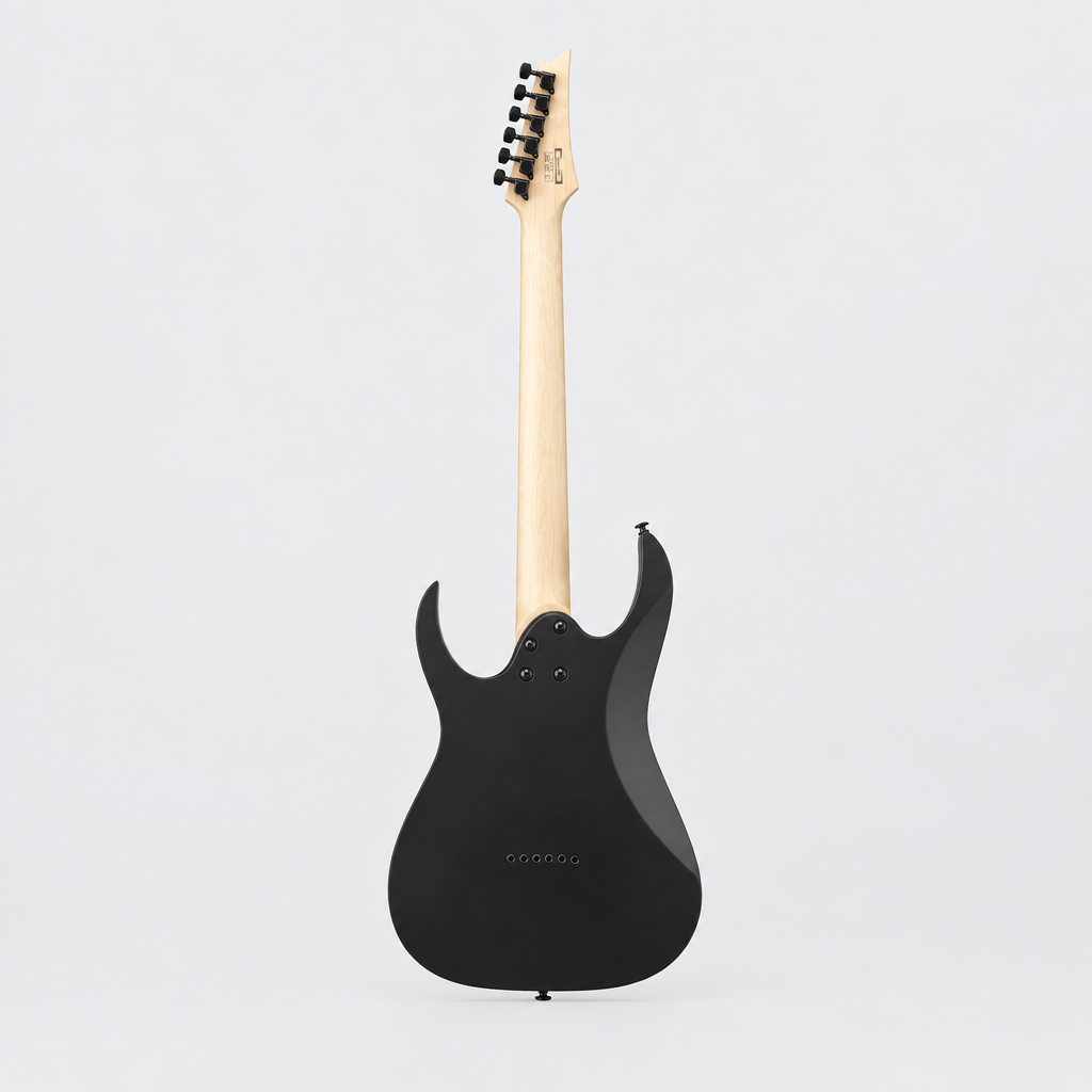 Straight-on full rear view of the Ibanez GRG131DX electric guitar in Black Flat with maple neck.