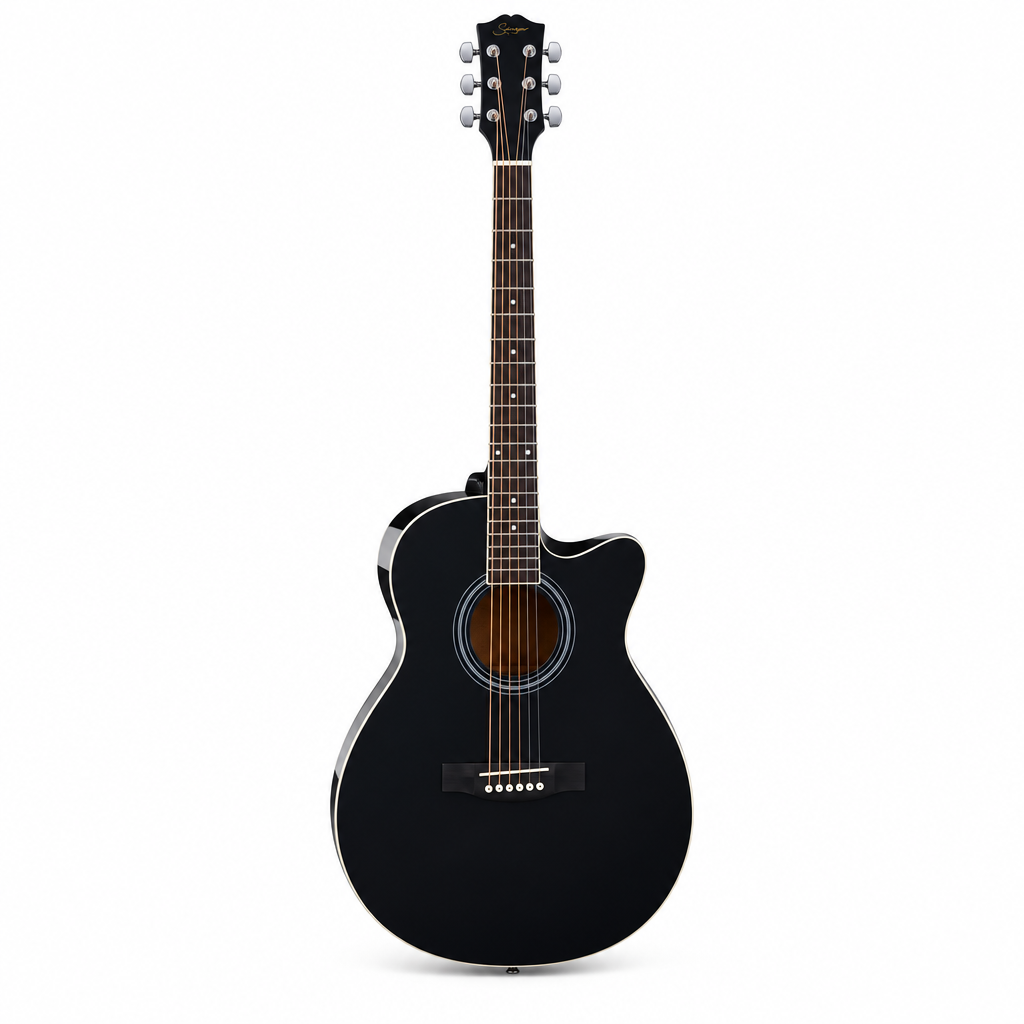 Straight front view of the Smiger GA-H10-BK black acoustic guitar preserving its original cutaway body, soundhole, bridge, strings, neck, and headstock